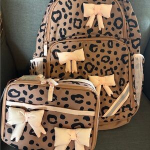 Leopard Print Kids Backpack and Lunchbox Set with Pink Bows